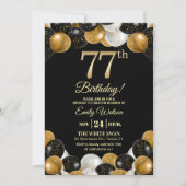 Elegant Black Gold Glitter 77th Birthday Photo Einladung (Vorderseite)