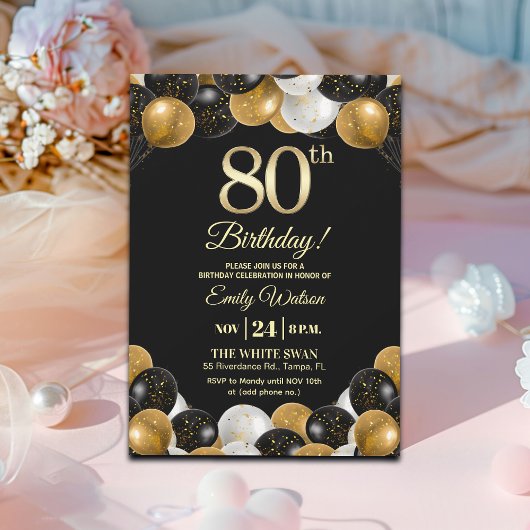Elegant Black Gold Glitter 80th Birthday Einladung