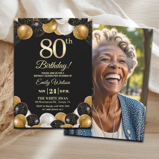 Elegant Black Gold Glitter 80th Birthday Photo Einladung