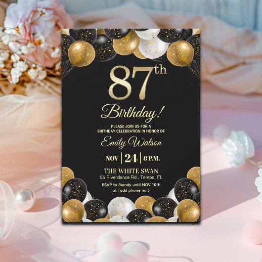 Elegant Black Gold Glitter 87th Birthday  Einladung