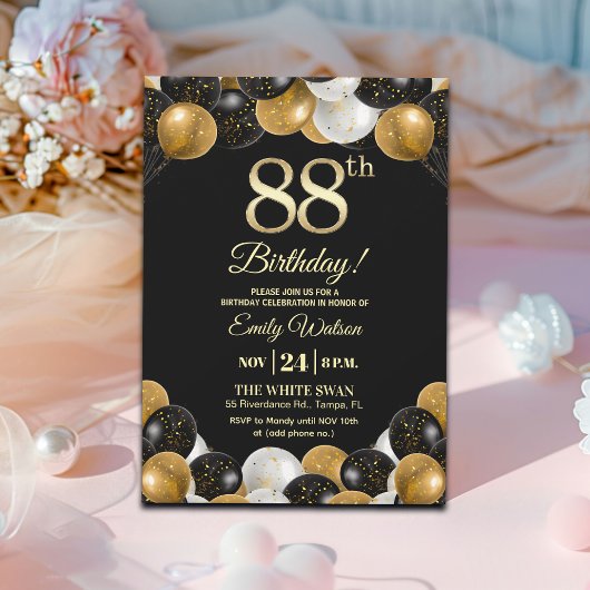 Elegant Black Gold Glitter 88th Birthday  Einladung