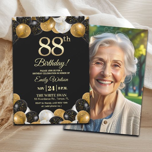 Elegant Black Gold Glitter 88th Birthday Photo Einladung