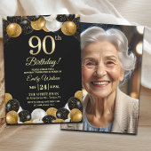 Elegant Black Gold Glitter 90th Birthday Photo Einladung