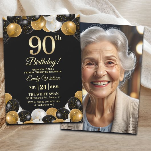 Elegant Black Gold Glitter 90th Birthday Photo Einladung