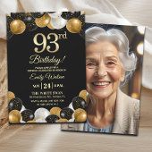 Elegant Black Gold Glitter 93rd Birthday Photo Einladung