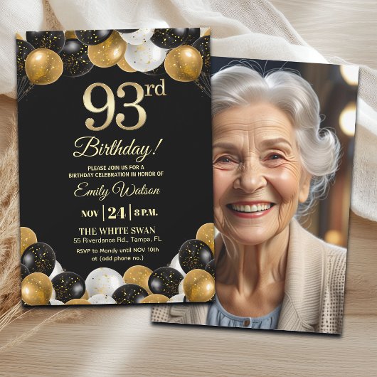 Elegant Black Gold Glitter 93rd Birthday Photo Einladung