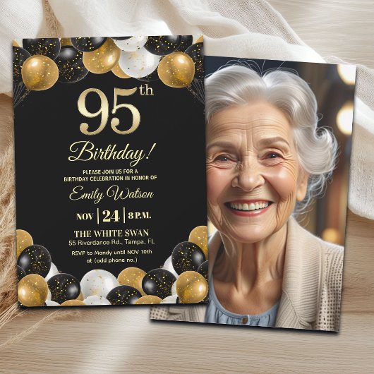 Elegant Black Gold Glitter 95th Birthday Photo Einladung
