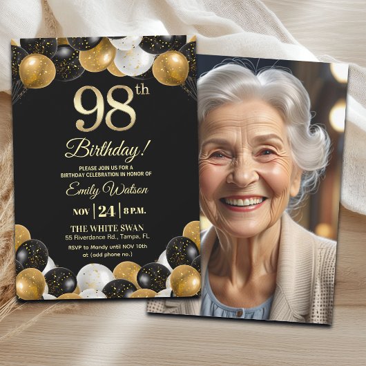 Elegant Black Gold Glitter 98th Birthday Photo Einladung