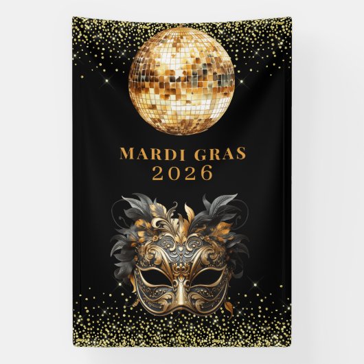 Elegant Black Gold Glitter Mardi Gras 2026 Banner (Vertikal)