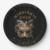 Elegant Black Gold Glitter Mardi Gras 2026 Pappteller (Vorderseite)