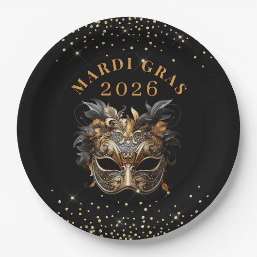 Elegant Black Gold Glitter Mardi Gras 2026 Pappteller (Vorderseite)