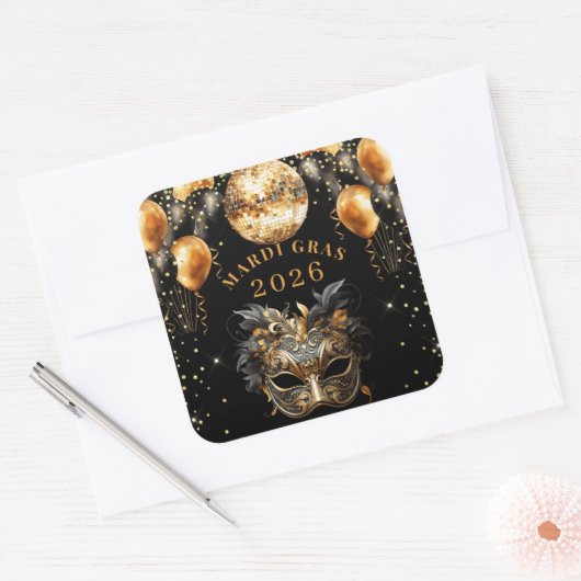 Elegant Black Gold Glitter Mardi Gras 2026 Quadratischer Aufkleber (Umschlag)