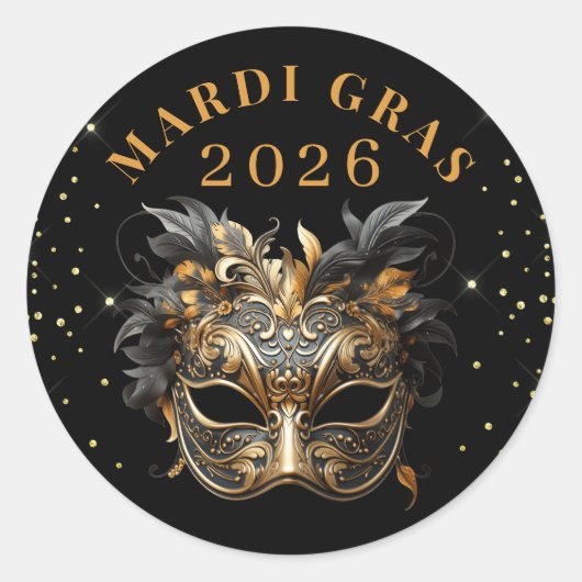 Elegant Black Gold Glitter Mardi Gras 2026 Runder Aufkleber (Vorderseite)
