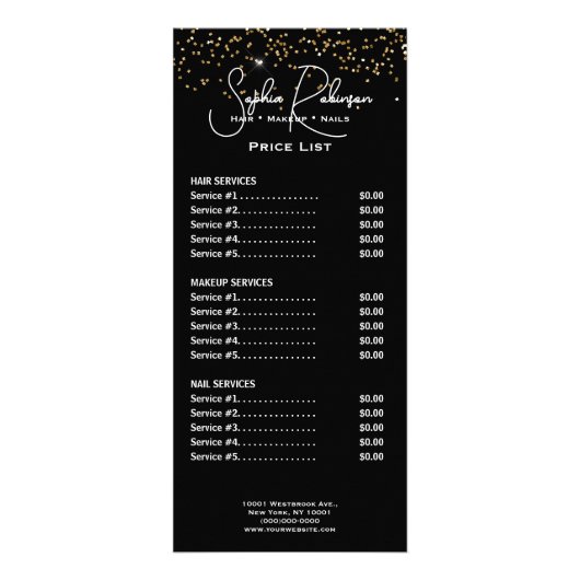 Elegant Black & Gold Glitter Price List Rack Card Werbekarte (Vorne)