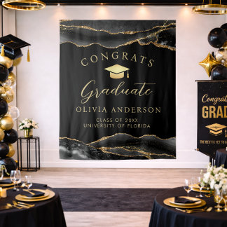 Elegant Black & Gold Graduation Party Backdrop Wandteppich