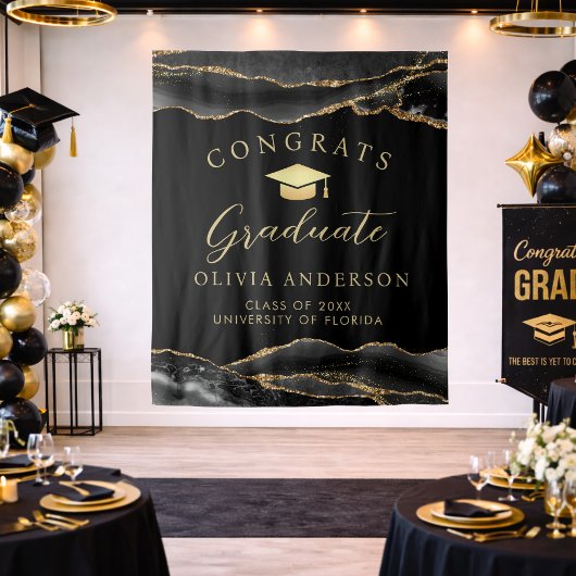 Elegant Black & Gold Graduation Party Backdrop Wandteppich