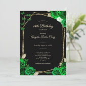 Elegant Black Gold Green Rose 18th Birthday Debut  Einladung (Stehend Vorderseite)