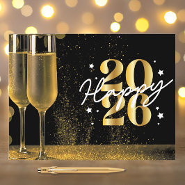 Elegant Black Gold Happy 2026 Champagne New Year Feiertagspostkarte