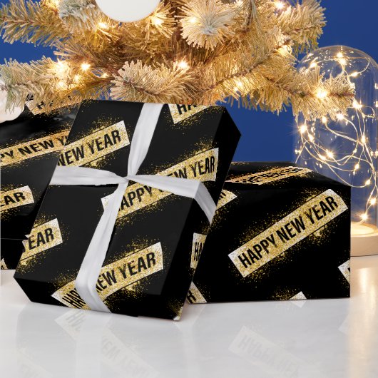 Elegant Black Gold Happy New Year  Geschenkpapier (Feiertage)