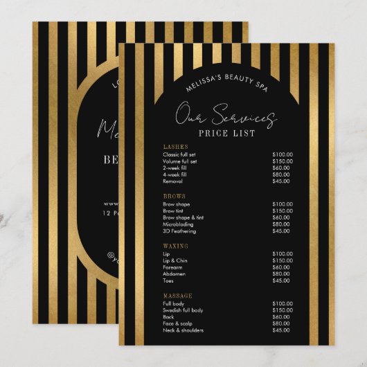 Elegant Black & Gold Lashes Hair Spa Price List (Vorne/Hinten)
