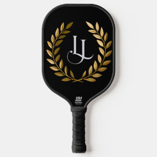 Elegant Black & Gold Laurel Monogram Pickleball Pa Pickleball Schläger