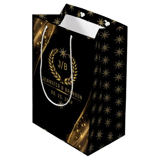 Elegant Black Gold Laurel Treat Festive Design Mittlere Geschenktüte (Rückseite Schrägansicht)