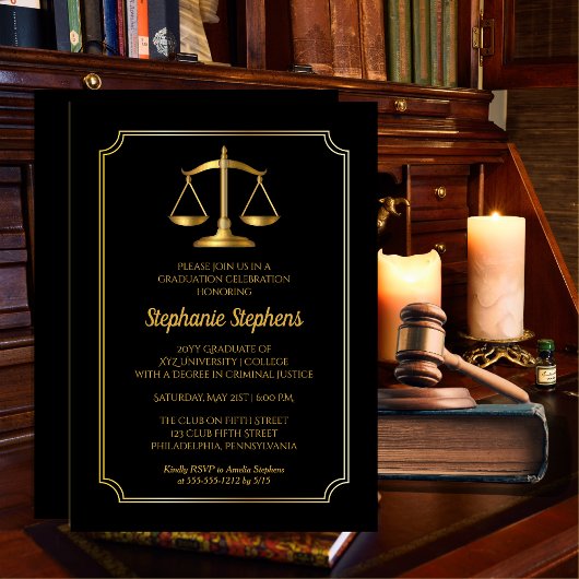 Elegant Black | Gold Law Attorney Graduation Party Einladung