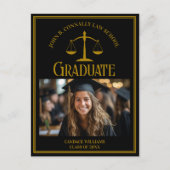 Elegant Black Gold Law School Graduation Photo Ankündigungspostkarte (Vorderseite)