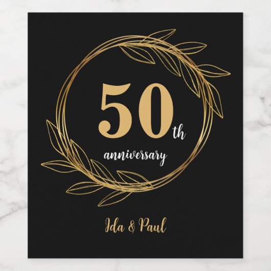 Elegant Black Gold Leaf 50th Wedding Anniversary Weinetikett (Einzelnes Label)