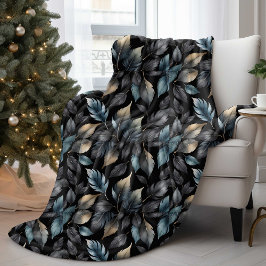 Elegant Black & Gold Leaf Botanical Throw Blanket Fleecedecke