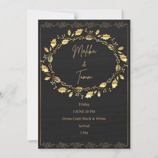 Elegant Black & Gold Leaf Wedding Invitation Magneteinladung (Vorderseite)