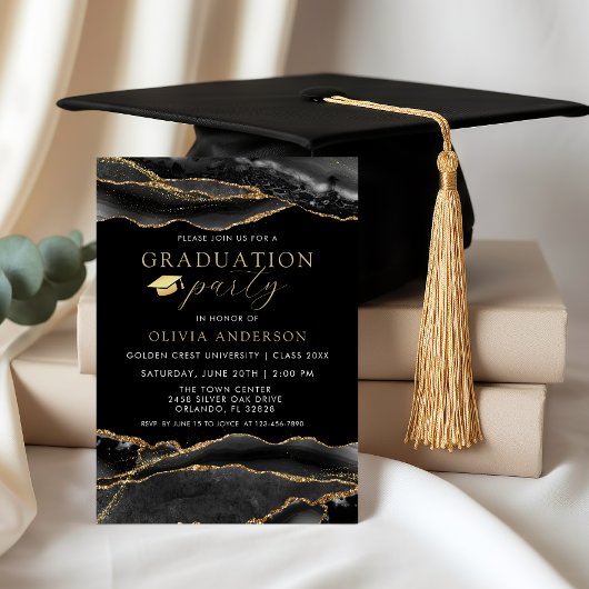 Elegant Black & Gold Marble Graduatio Party Einladung