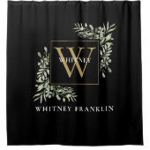 Elegant Black Gold Monogram Eukalyptus Greenery Duschvorhang (Vorderseite)