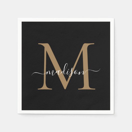 Elegant Black Gold Monogram Girly Script Geburtsta Serviette (Vorderseite)