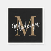 Elegant Black Gold Monogram Girly Script Geburtsta Serviette (Vorderseite)