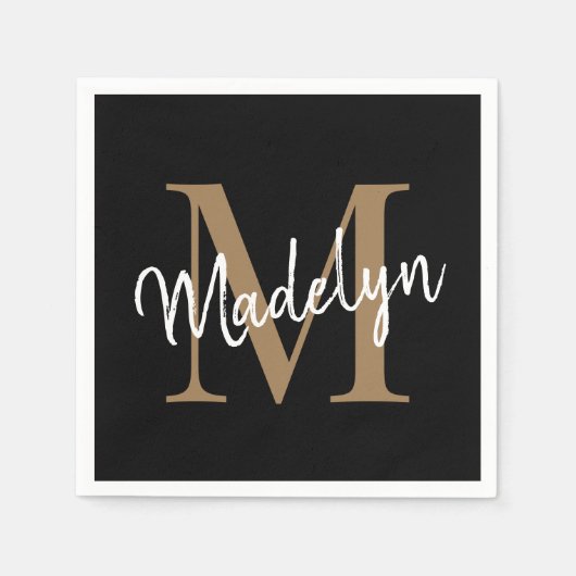 Elegant Black Gold Monogram Girly Script Geburtsta Serviette (Vorderseite)