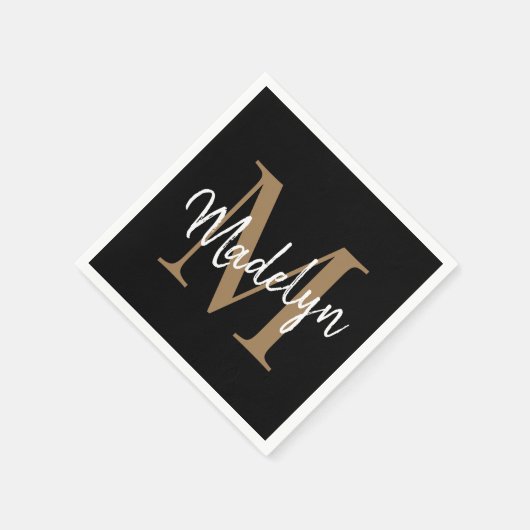 Elegant Black Gold Monogram Girly Script Geburtsta Serviette (Ecke)