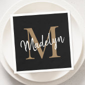 Elegant Black Gold Monogram Girly Script Geburtsta Serviette
