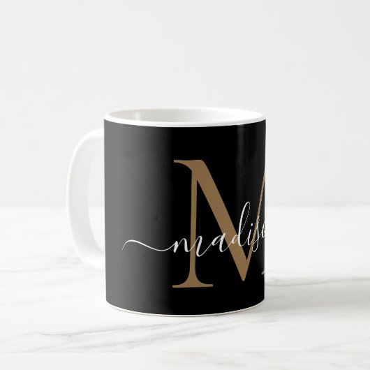 Elegant Black Gold Monogram Girly Script Stilvoll Kaffeetasse (Vorderseite Links)
