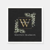Elegant Black Gold Monogram Greenery Eukalyptus Serviette (Vorderseite)