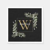 Elegant Black Gold Monogram Greenery Floral Serviette (Vorderseite)