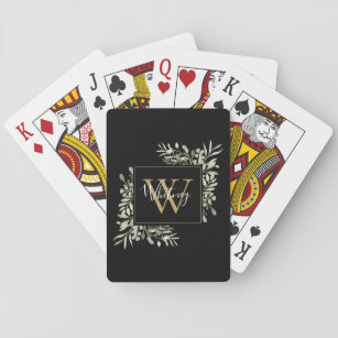 Elegant Black Gold Monogram Greenery Floral Spielkarten