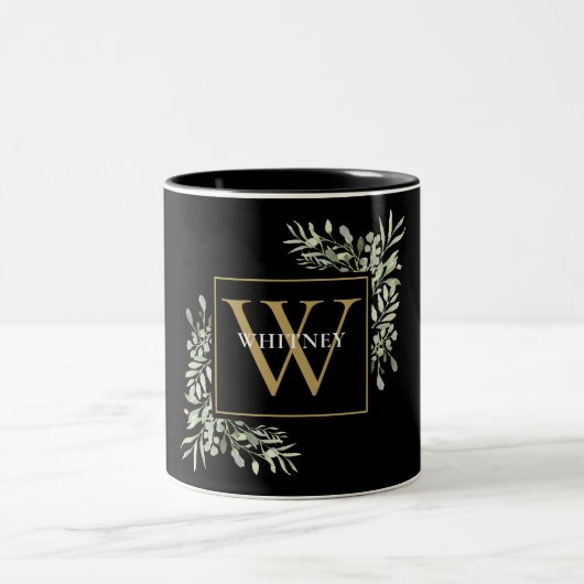 Elegant Black Gold Monogram Greenery Floral Zweifarbige Tasse (Mittel)