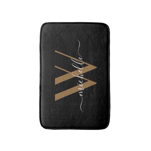 Elegant Black Gold Monogram Script Name Initial Badematte (Vorderseite Vertikal)