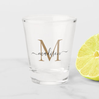 Elegant Black Gold Monogram Script Name Initial Schnapsglas