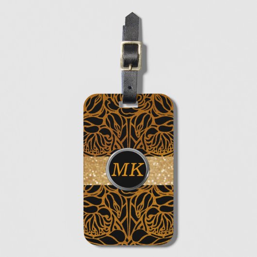 Elegant Black Gold Monogram Script Name Stilvoll Gepäckanhänger (Vorderseite Vertikal)