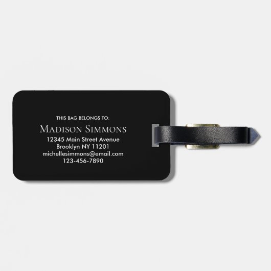 Elegant Black Gold Monogram Script Name Stilvoll Gepäckanhänger (Rückseite horizontal)