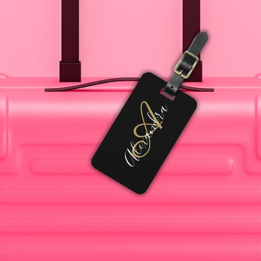 Elegant Black Gold Monogram Script Name Stilvoll Gepäckanhänger