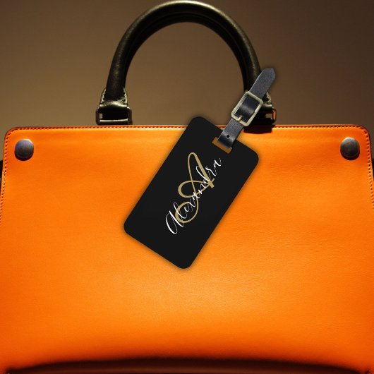 Elegant Black Gold Monogram Script Name Stilvoll Gepäckanhänger