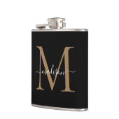 Elegant Black Gold Monogram Stylish Script Name Flachmann (Links)